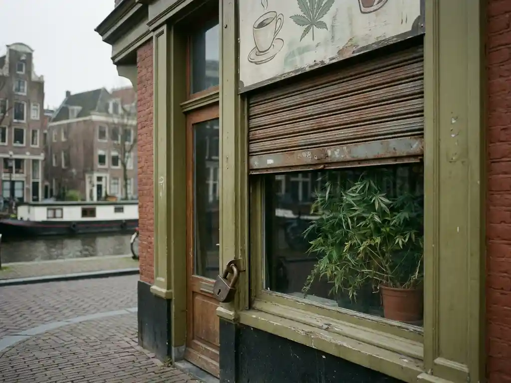 Verlaten coffeeshop gevel met vervaagd handgeschilderd bord, halfgesloten metalen rolluik en hangslot, cannabisplant zichtbaar in raam, Amsterdams grachtenpand op achtergrond.